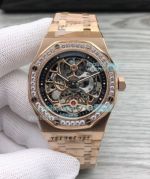 Swiss Replica Audemars Piguet Royal Oak Extra-thin Skeleton Rose Gold Diamond Bezel Watch 42MM